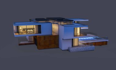 modern rahat ev 3D render Satılık ve kiralık garaj ile gece. Gri izole.