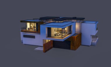 modern rahat ev 3D render Satılık ve kiralık garaj ile gece. Gri izole.
