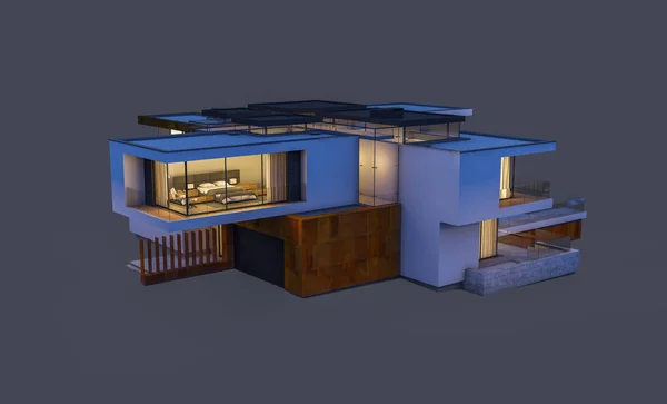 Rendering Von Modernen Gemütlichen Haus Der Nacht Mit Garage Zum — Stockfoto