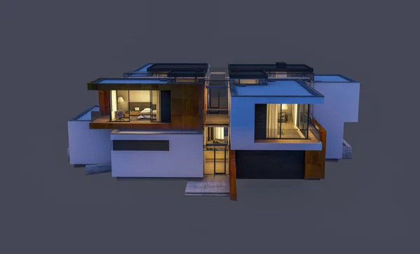 Rendering Van Modern Gezellig Huis Met Garage Koop Huur Nachts — Stockfoto