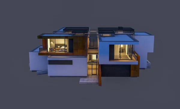 Rendering Von Modernen Gemütlichen Haus Der Nacht Mit Garage Zum — Stockfoto