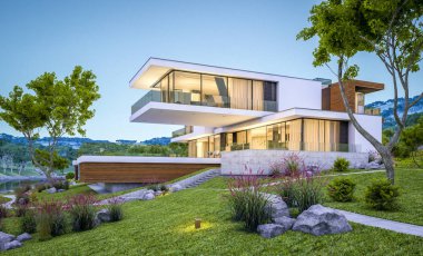 modern rahat ev Satılık garaj ile nehir veya arka plan üzerinde güzel dağları ile kira 3D render. Yaz gecesi mavi gökyüzü ile temizleyin. Penceresinden rahat ılık ışık.