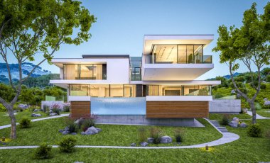 modern rahat ev Satılık garaj ile nehir veya arka plan üzerinde güzel dağları ile kira 3D render. Yaz gecesi mavi gökyüzü ile temizleyin. Penceresinden rahat ılık ışık.