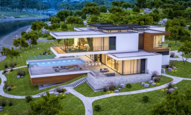 modern rahat ev Satılık garaj ile nehir veya arka plan üzerinde güzel dağları ile kira 3D render. Yaz gecesi mavi gökyüzü ile temizleyin. Penceresinden rahat ılık ışık.