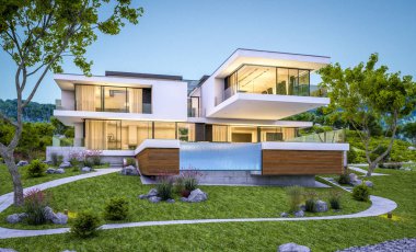 modern rahat ev Satılık garaj ile nehir veya arka plan üzerinde güzel dağları ile kira 3D render. Yaz gecesi mavi gökyüzü ile temizleyin. Penceresinden rahat ılık ışık.