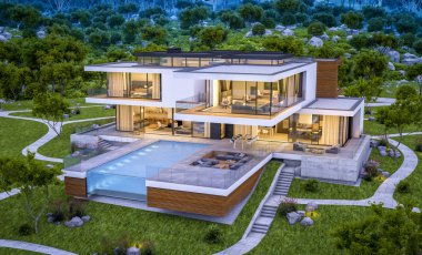 modern rahat ev Satılık garaj ile nehir veya arka plan üzerinde güzel dağları ile kira 3D render. Yaz gecesi mavi gökyüzü ile temizleyin. Penceresinden rahat ılık ışık.