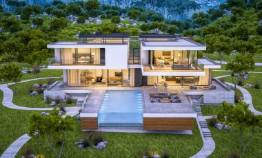 modern rahat ev Satılık garaj ile nehir veya arka plan üzerinde güzel dağları ile kira 3D render. Yaz gecesi mavi gökyüzü ile temizleyin. Penceresinden rahat ılık ışık.