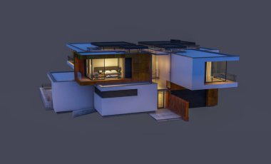 modern rahat ev 3D render Satılık ve kiralık garaj ile gece. Gri izole.