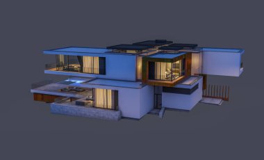 modern rahat ev 3D render Satılık ve kiralık garaj ile gece. Gri izole.