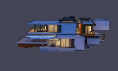 modern rahat ev 3D render Satılık ve kiralık garaj ile gece. Gri izole.