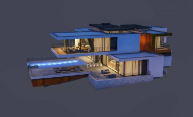 modern rahat ev 3D render Satılık ve kiralık garaj ile gece. Gri izole.
