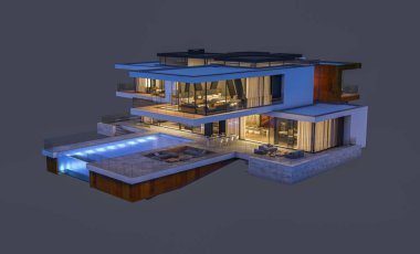 modern rahat ev 3D render Satılık ve kiralık garaj ile gece. Gri izole.