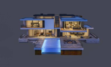 modern rahat ev 3D render Satılık ve kiralık garaj ile gece. Gri izole.