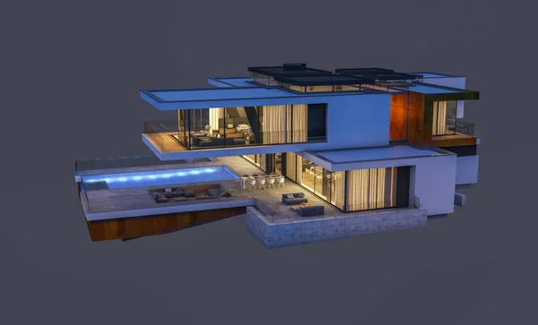 Rendering Moderna Casa Accogliente Notte Con Garage Vendita Affitto Isolato — Foto Stock