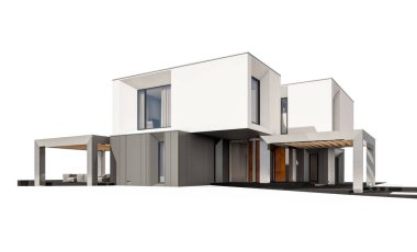 Satılık ve Kiralık garaj ile nehrin yanında modern rahat ev 3D render. Beyaz izole.