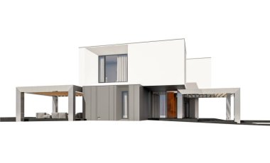 Satılık ve Kiralık garaj ile nehrin yanında modern rahat ev 3D render. Beyaz izole.