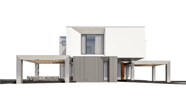 Satılık ve Kiralık garaj ile nehrin yanında modern rahat ev 3D render. Beyaz izole.