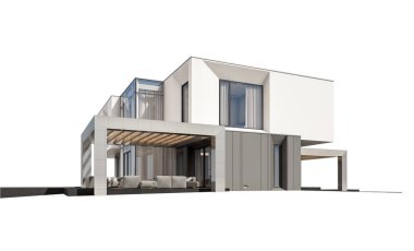 Satılık ve Kiralık garaj ile nehrin yanında modern rahat ev 3D render. Beyaz izole.