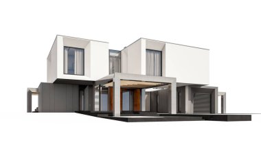 Satılık ve Kiralık garaj ile nehrin yanında modern rahat ev 3D render. Beyaz izole.