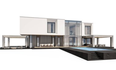 Satılık ve Kiralık garaj ile nehrin yanında modern rahat ev 3D render. Beyaz izole.