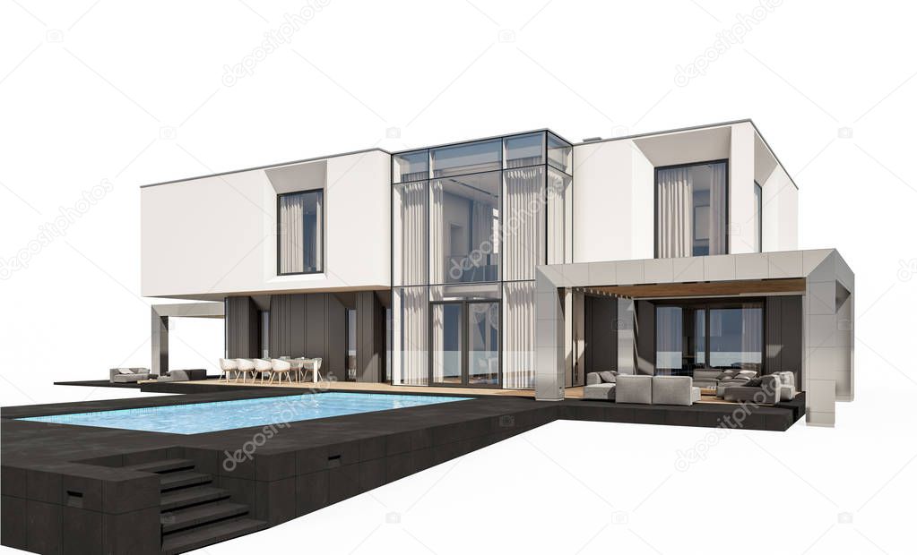 3d rendering of modern cozy house by the river with garage for sale or rent. Isolated on white.