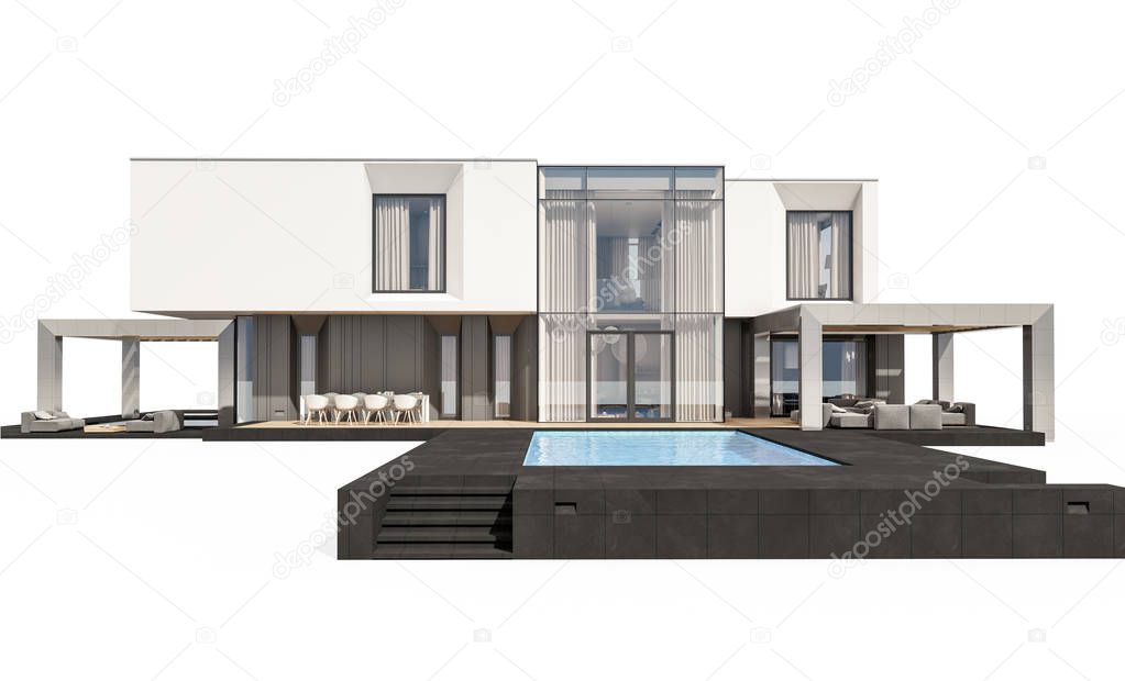 3d rendering of modern cozy house by the river with garage for sale or rent. Isolated on white.