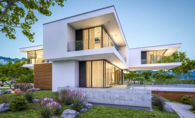 modern rahat ev Satılık garaj ile nehir veya arka plan üzerinde güzel dağları ile kira 3D render. Yaz gecesi mavi gökyüzü ile temizleyin. Penceresinden rahat ılık ışık.