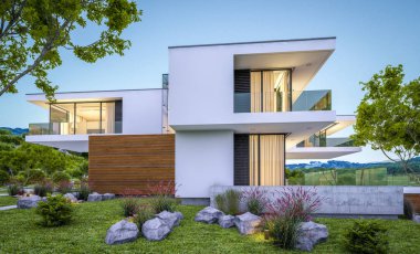 modern rahat ev Satılık garaj ile nehir veya arka plan üzerinde güzel dağları ile kira 3D render. Yaz gecesi mavi gökyüzü ile temizleyin. Penceresinden rahat ılık ışık.