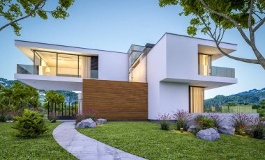 modern rahat ev Satılık garaj ile nehir veya arka plan üzerinde güzel dağları ile kira 3D render. Yaz gecesi mavi gökyüzü ile temizleyin. Penceresinden rahat ılık ışık.