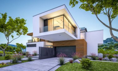 modern rahat ev Satılık garaj ile nehir veya arka plan üzerinde güzel dağları ile kira 3D render. Yaz gecesi mavi gökyüzü ile temizleyin. Penceresinden rahat ılık ışık.