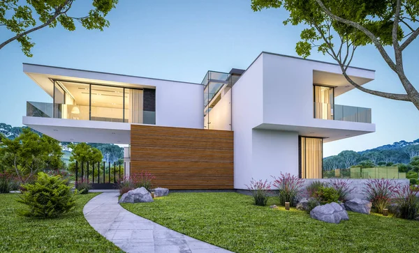 Renderização Moderna Casa Acolhedora Junto Rio Com Garagem Para Venda — Fotografia de Stock