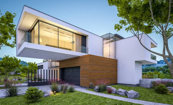 modern rahat ev Satılık garaj ile nehir veya arka plan üzerinde güzel dağları ile kira 3D render. Yaz gecesi mavi gökyüzü ile temizleyin. Penceresinden rahat ılık ışık.