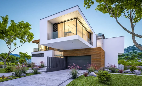 modern rahat ev Satılık garaj ile nehir veya arka plan üzerinde güzel dağları ile kira 3D render. Yaz gecesi mavi gökyüzü ile temizleyin. Penceresinden rahat ılık ışık.