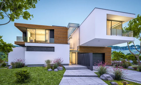 modern rahat ev Satılık garaj ile nehir veya arka plan üzerinde güzel dağları ile kira 3D render. Yaz gecesi mavi gökyüzü ile temizleyin. Penceresinden rahat ılık ışık.