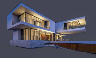 modern rahat ev 3D render Satılık ve kiralık garaj ile gece. Gri izole.