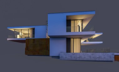 modern rahat ev 3D render Satılık ve kiralık garaj ile gece. Gri izole.