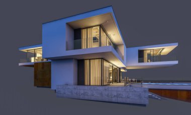 modern rahat ev 3D render Satılık ve kiralık garaj ile gece. Gri izole.
