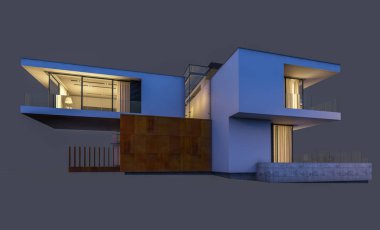 modern rahat ev 3D render Satılık ve kiralık garaj ile gece. Gri izole.