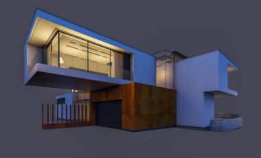 modern rahat ev 3D render Satılık ve kiralık garaj ile gece. Gri izole.