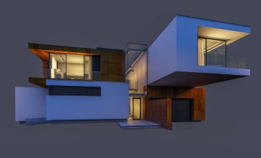 modern rahat ev 3D render Satılık ve kiralık garaj ile gece. Gri izole.