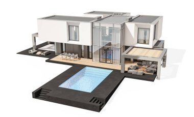 Satılık ve Kiralık garaj ile nehrin yanında modern rahat ev 3D render. Beyaz izole.