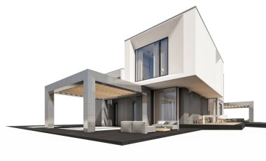 Satılık ve Kiralık garaj ile nehrin yanında modern rahat ev 3D render. Beyaz izole.