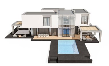 Satılık ve Kiralık garaj ile nehrin yanında modern rahat ev 3D render. Beyaz izole.