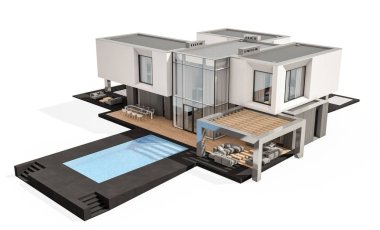 Satılık ve Kiralık garaj ile nehrin yanında modern rahat ev 3D render. Beyaz izole.