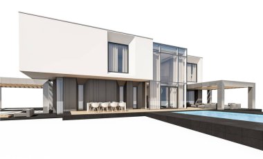 Satılık ve Kiralık garaj ile nehrin yanında modern rahat ev 3D render. Beyaz izole.