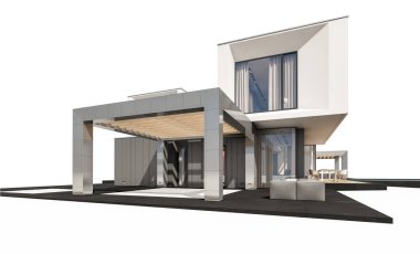 Satılık ve Kiralık garaj ile nehrin yanında modern rahat ev 3D render. Beyaz izole.