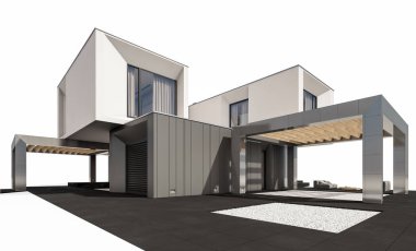 Satılık ve Kiralık garaj ile nehrin yanında modern rahat ev 3D render. Beyaz izole.