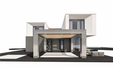 Satılık ve Kiralık garaj ile nehrin yanında modern rahat ev 3D render. Beyaz izole.