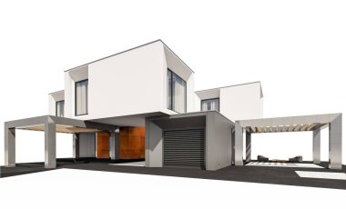Satılık ve Kiralık garaj ile nehrin yanında modern rahat ev 3D render. Beyaz izole.