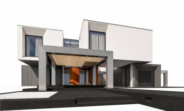 Satılık ve Kiralık garaj ile nehrin yanında modern rahat ev 3D render. Beyaz izole.